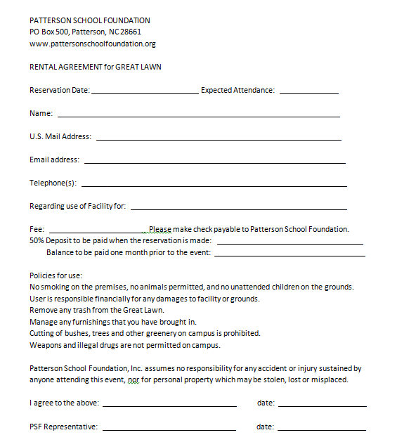 Great Lawn Rental Agreement - Patterson School Foundation